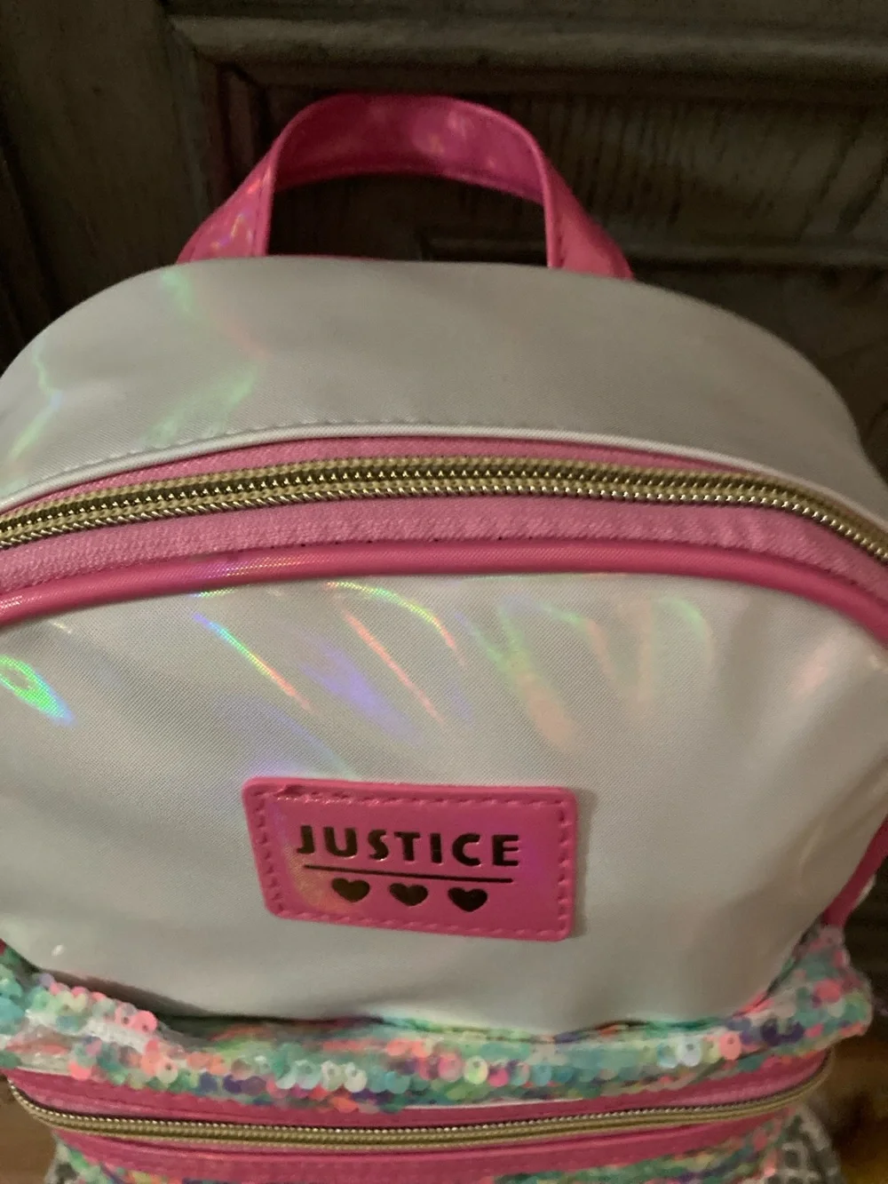 Justice Iridescent White & Pink Sequin Kids Backpack
